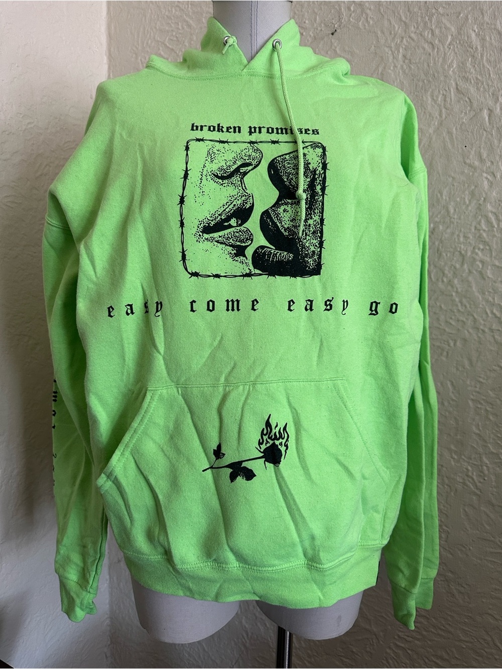 Broken Promises Easy Come Easy Go Neon High Vis Green Hoodie Sweatshirt Black XL